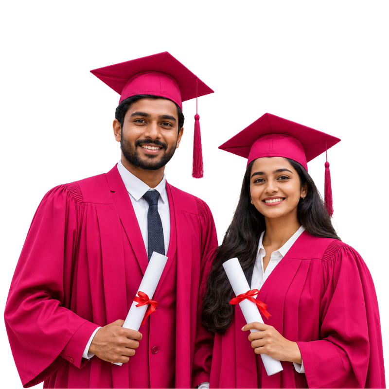 Two college students in graduation dress and cap